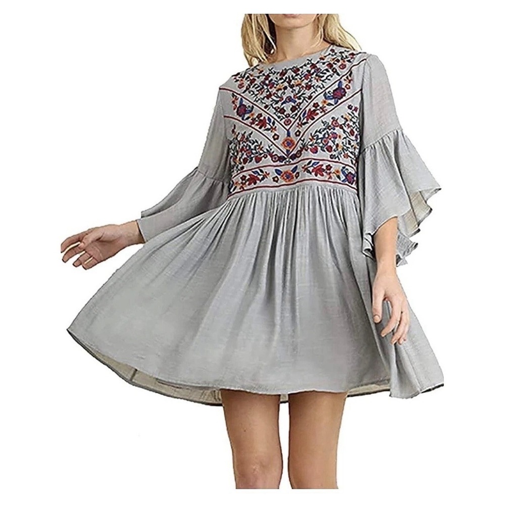 Umgee Women L Gray Boho Embroidered Flared‎ Sleeve Mini Dress Babydoll Keyhole